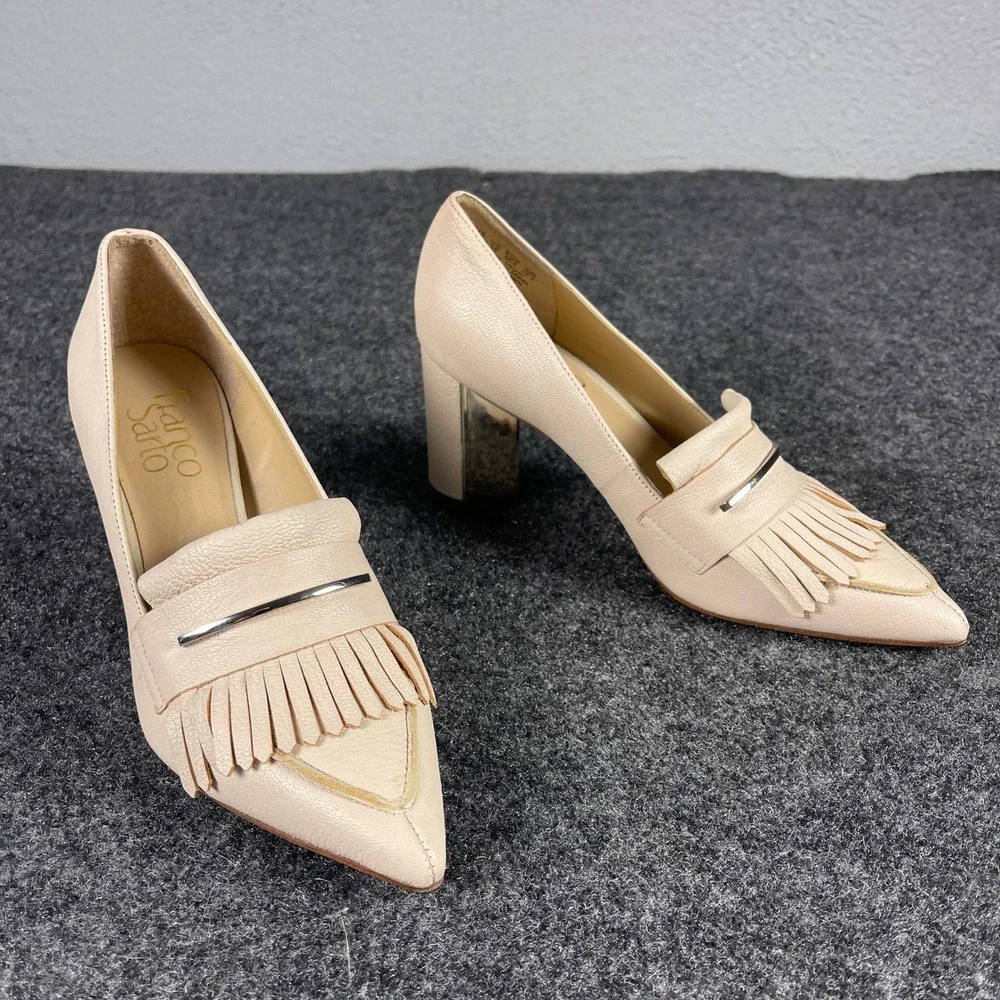 Franco Sarto Noble Womens Narrow Blush Leather Fringe Block Heel Pumps Size 5.5